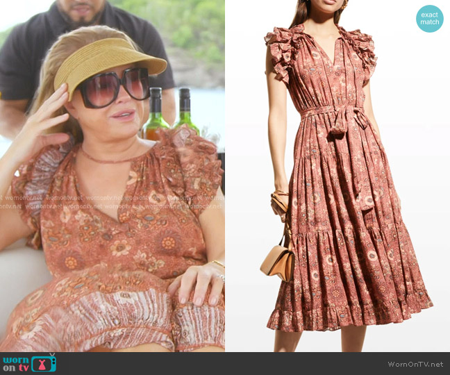 Ulla Johnson Virginia Floral Flutter Sleeve Tiered Belted Midi Dress worn by Kathy Hilton on The Real Housewives of Beverly Hills