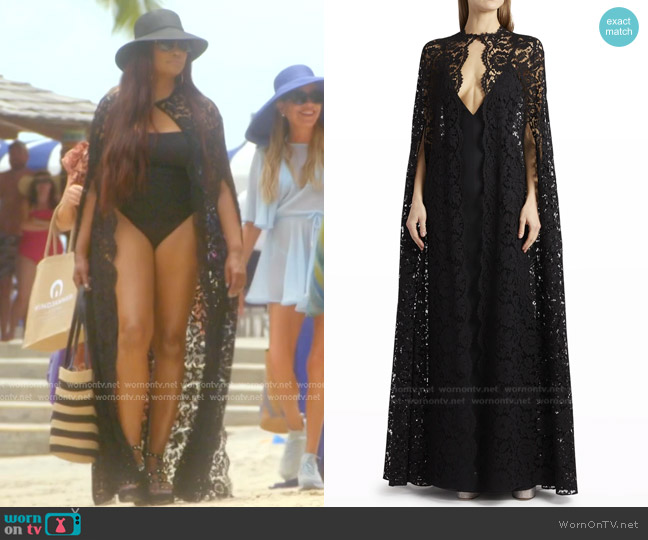 Valentino Garavani Open Front Floral Lace Cape worn by Garcelle Beauvais on The Real Housewives of Beverly Hills