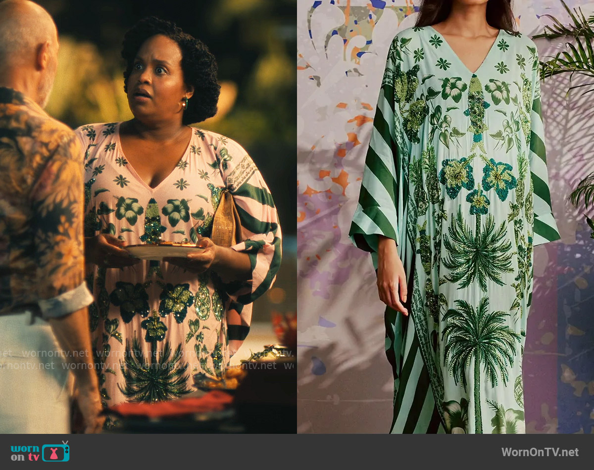 Verandah Hand Beaded Azulejos Kaftan worn by Belinda Lindsey (Natasha Rothwell) on The White Lotus