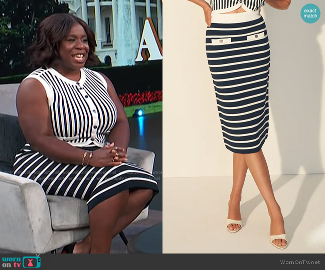 Veronica Beard Corbin Striped Midi Skirt in Navy Off-White worn by Uzo Aduba on Access Hollywood