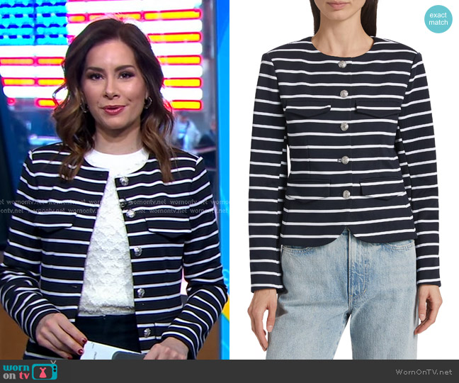 Veronica Beard Kensington Striped Knit Button-Up Jacket worn by Rebecca Jarvis on Good Morning America