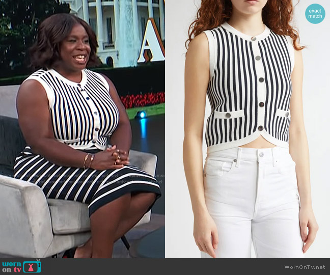 Veronica Beard Leland Stripe Sweater Vest in Navy Off-White worn by Uzo Aduba on Access Hollywood