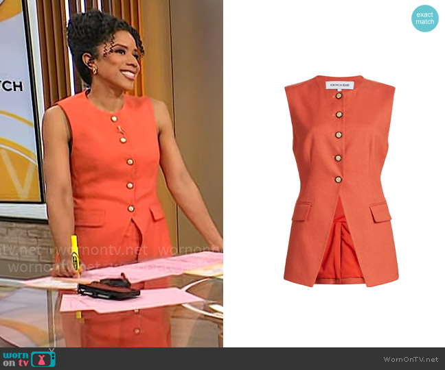 Veronica Beard Lois Linen-Blend Button-Front Vest in Persimmion worn by Adriana Diaz on CBS Mornings
