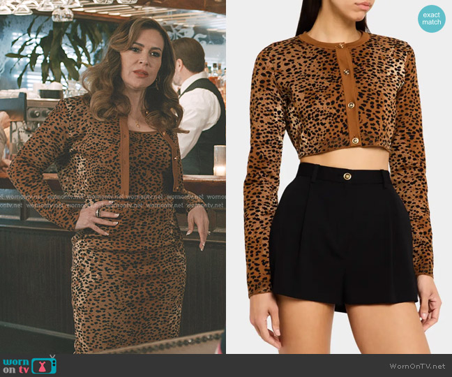 Versace Leopard Knit Jacquard Crop Cardigan worn by Pupetta DeMarco (Alyssa Milano) on Elsbeth