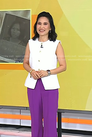 Vicky’s white tweed vest and purple flare pants on Today