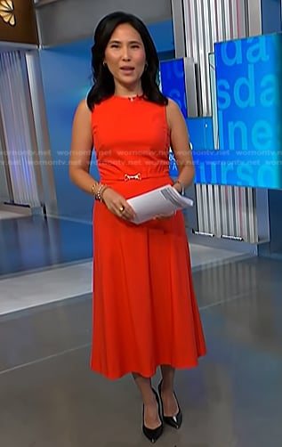 Vicky’s red belted midi dress on NBC News Daily