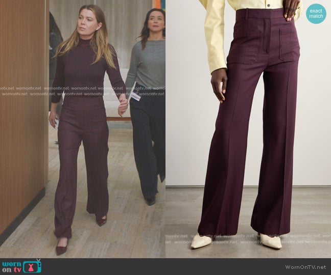 Victoria Beckham Alina Trouser in Port worn by Meredith Grey (Ellen Pompeo) on Greys Anatomy