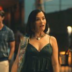 Victoria’s dark green ruffle peplum jumpsuit on The White Lotus