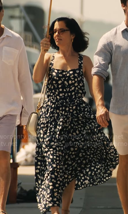 Victoria’s navy and white printed midi dress on The White Lotus