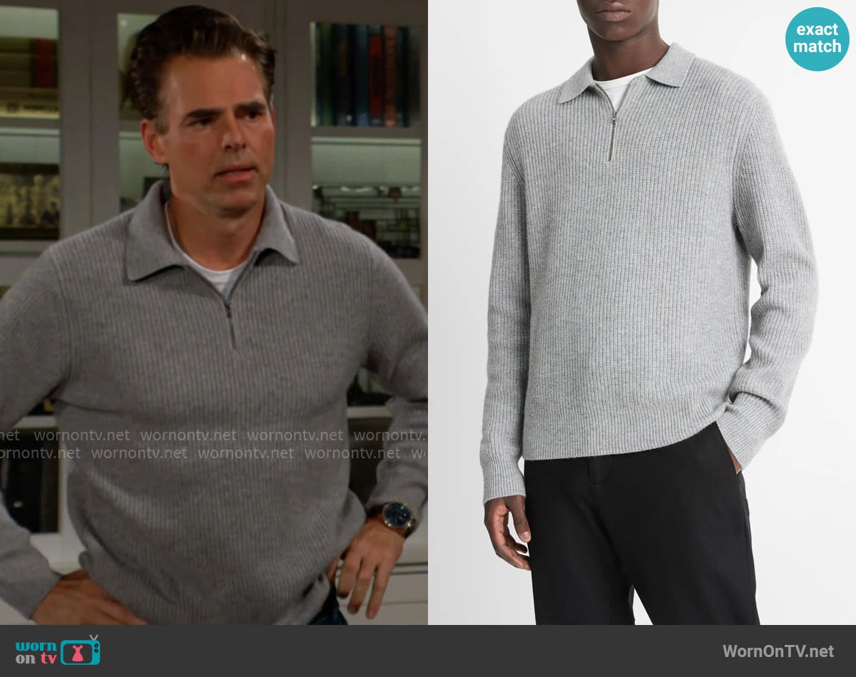 Vince Shaker Wool-Cashmere Quarter-Zip Polo Sweater worn by Billy Abbott (Jason Thompson) on The Young and the Restless