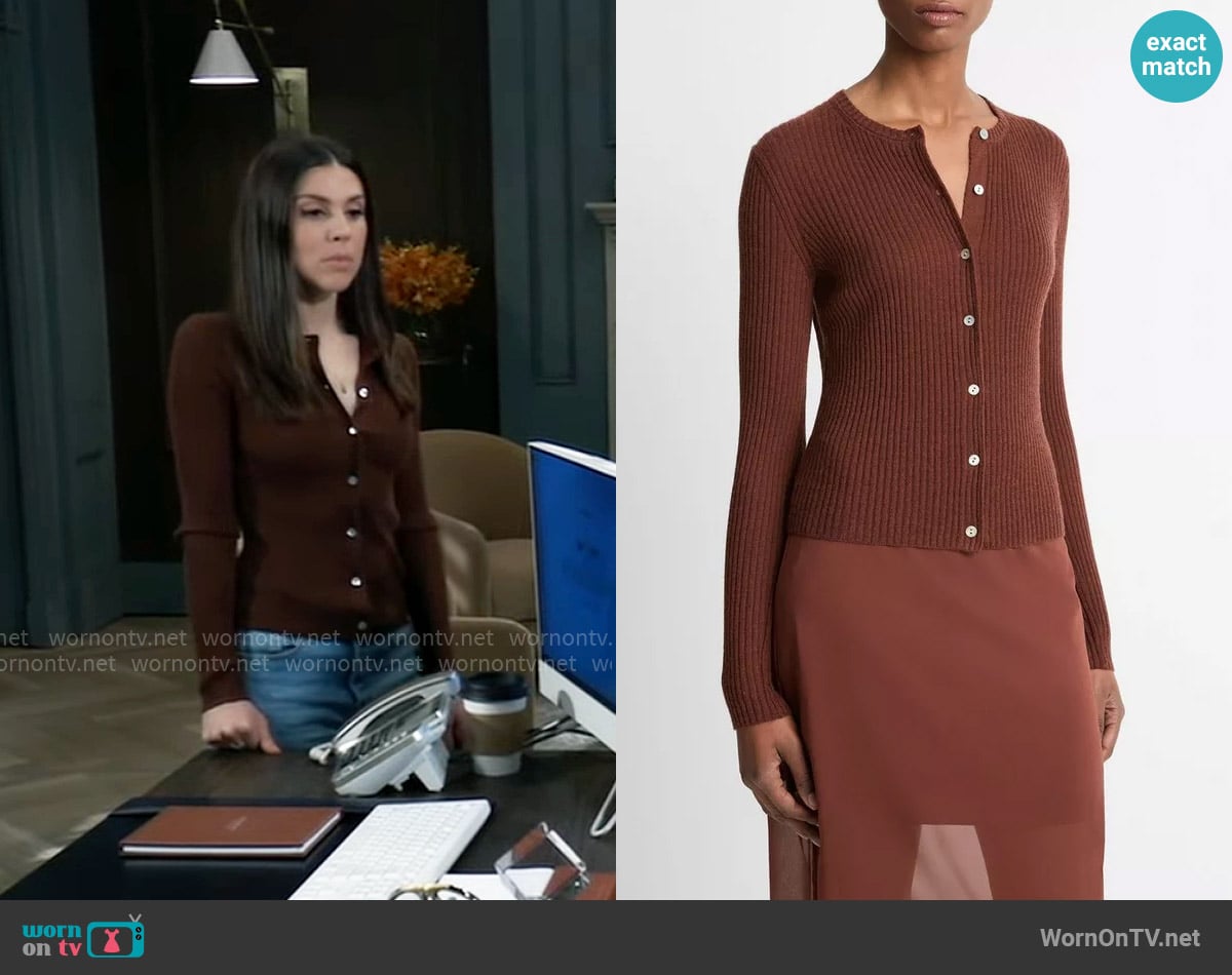Vince Cashmere-Silk Ribbed Cardigan in Deep Rosewood worn by Kristina Corinthos-Davis (Kate Mansi) on General Hospital