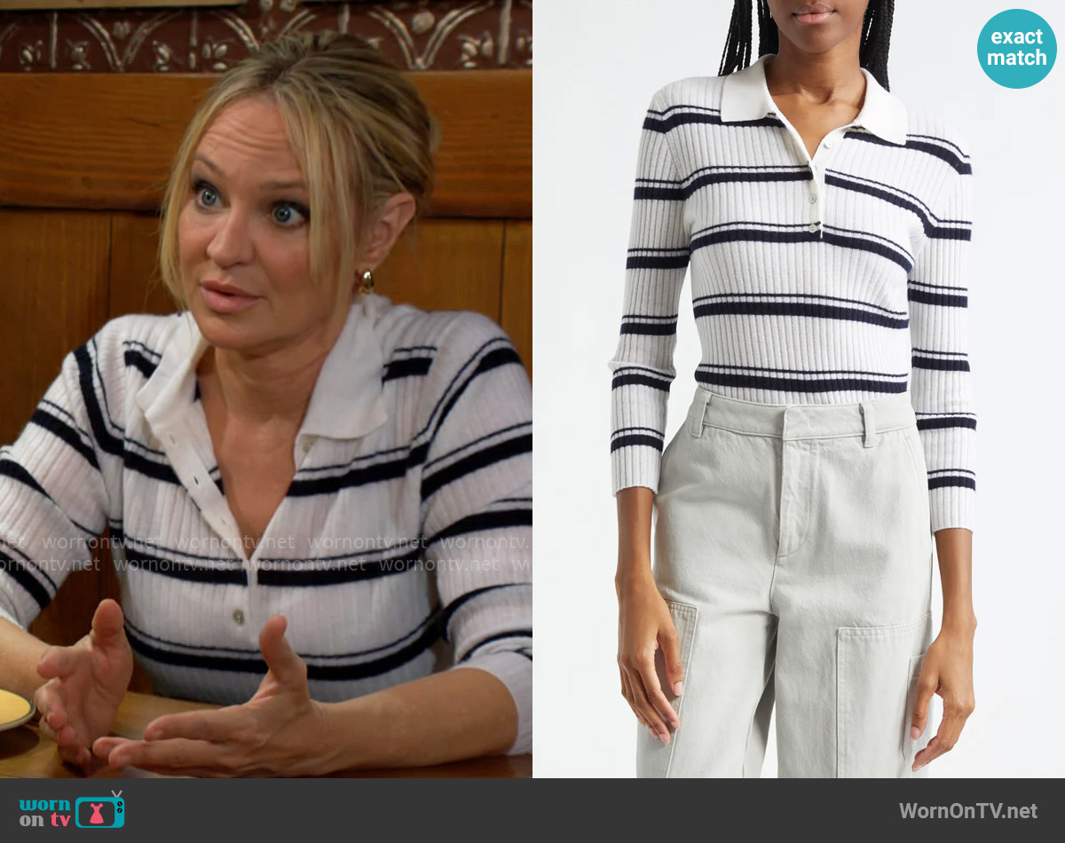 Vince Striped Cashmere-Blend Polo Sweater worn by Sharon Newman (Sharon Case) on The Young and the Restless