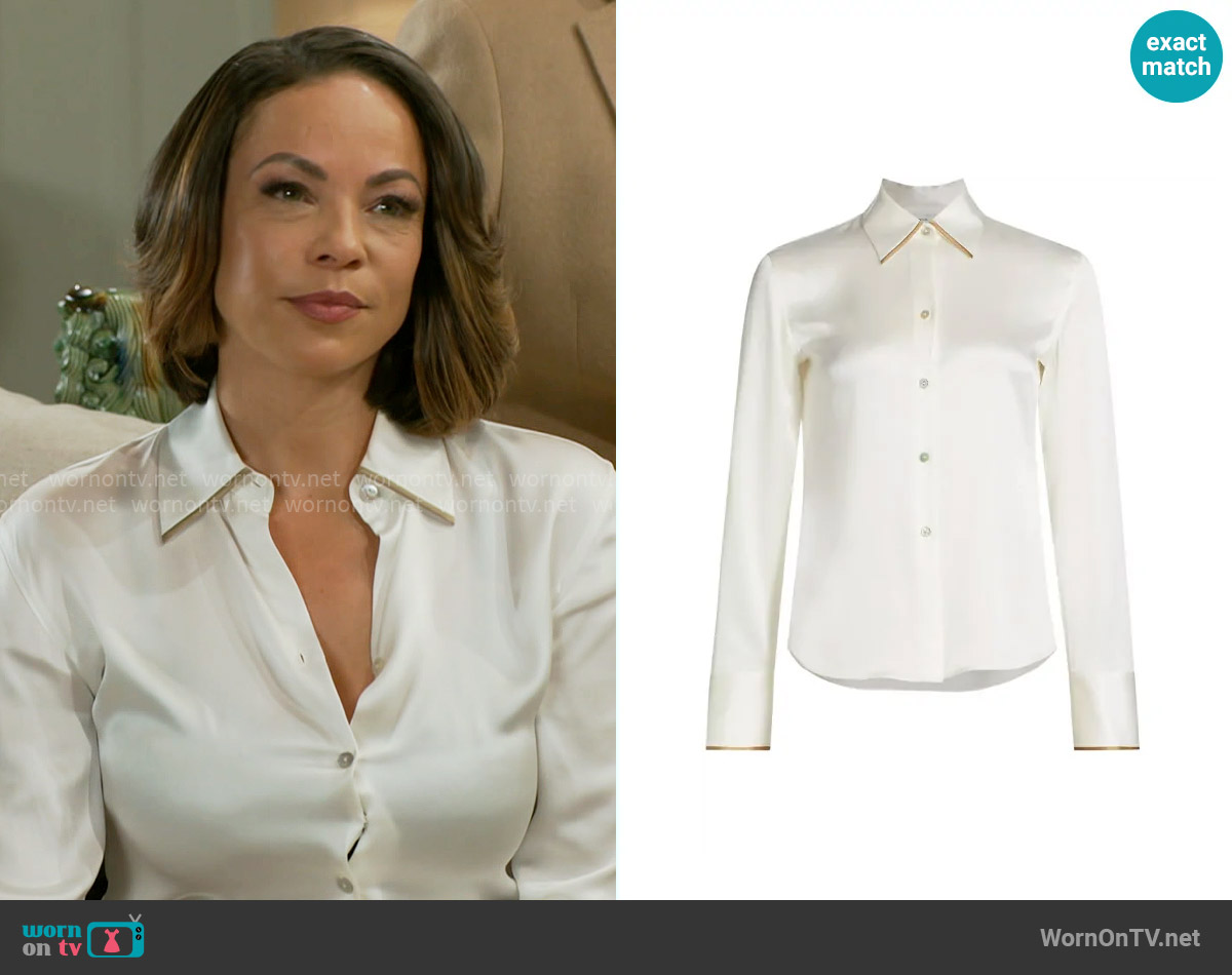 Vince Tipped Satin Silk Shirt in Off White Rye worn by Nicole Dupree Richardson (Daphnee Duplaix) on Beyond the Gates