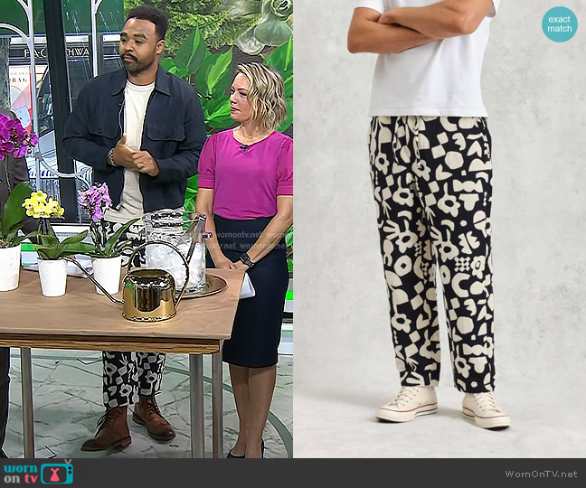 Wax London Kurt Spin Jacquard Trousers in Navy And Ecru worn by Hilton Carter on Today