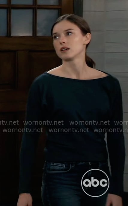 Willow’s dark green bateau neckline top on General Hospital