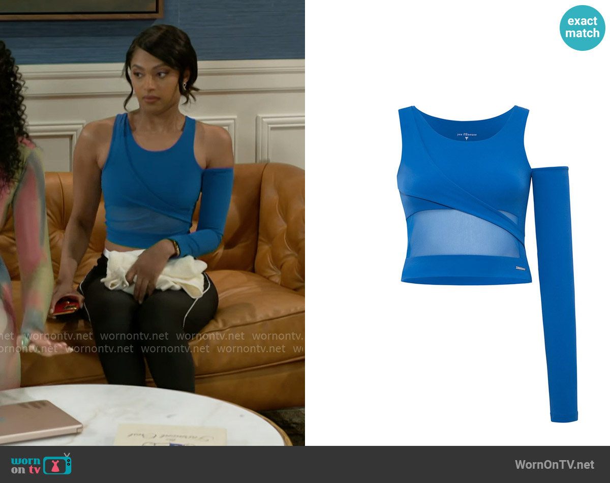 Yes Flâneuse Geo One-Sleeve Crop Top With Mesh Panel Classic Blue worn by Kat Richardson (Colby Muhammad) on Beyond the Gates