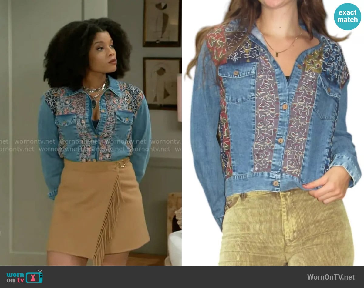 Young Threads Oil Spill Squiggle Jacket worn by Eva Thomas (Ambyr Michelle) on Beyond the Gates