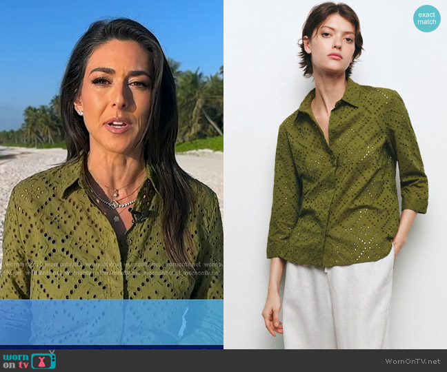 Zara Embroidered Eyelet Shirt in Olive Green worn by Erielle Reshef on Good Morning America