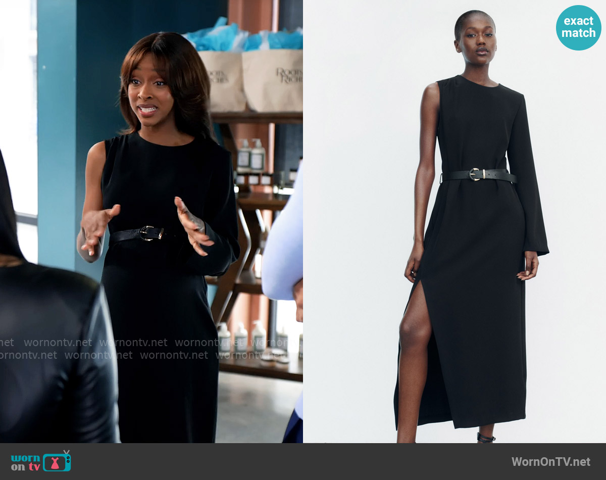 Zara Asymmetric Crepe Midi Dress worn by Karen Mott (Ebony Obsidian) on Tyler Perrys Sistas