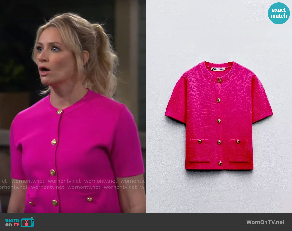Zara Basic Short Sleeve Knit Cardigan worn by Gemma (Beth Behrs) on The Neighborhood