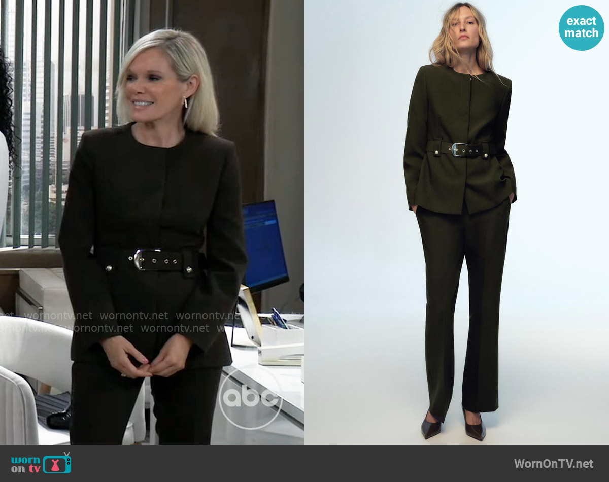 Zara Wide Belt Blazer in Khaki worn by Ava Jerome (Maura West) on General Hospital