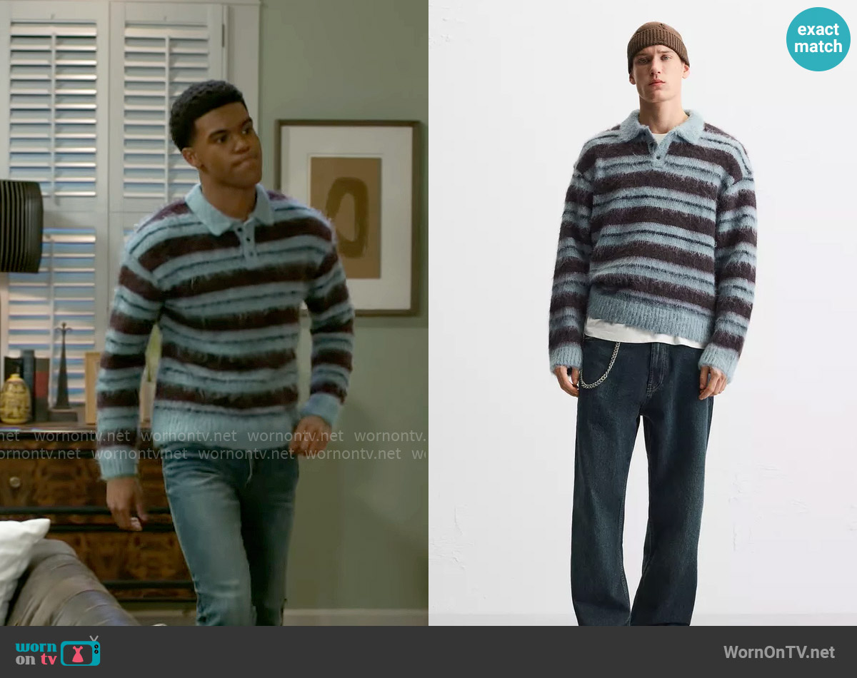 Zara Brushed Stripe Knit Polo Shirt worn by Tyrell Richardson (Jaden Lucas Miller) on Beyond the Gates