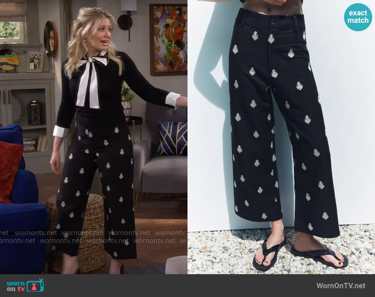 Zara Contrast Embroidered Culottes worn by Gemma (Beth Behrs) on The Neighborhood