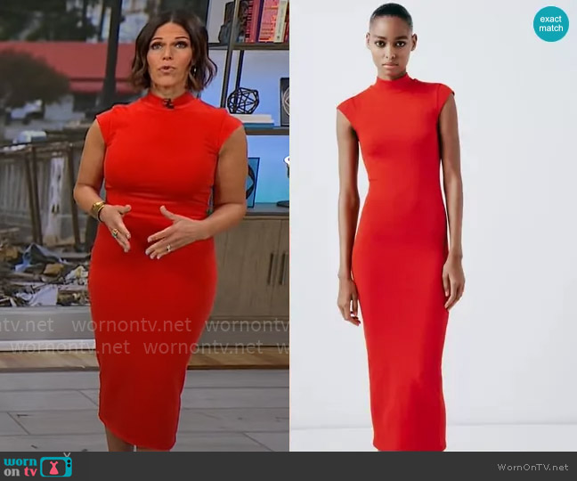 Zara Rib Mock Neck Midi Dress in Red worn by Dana Jacobson on CBS Mornings
