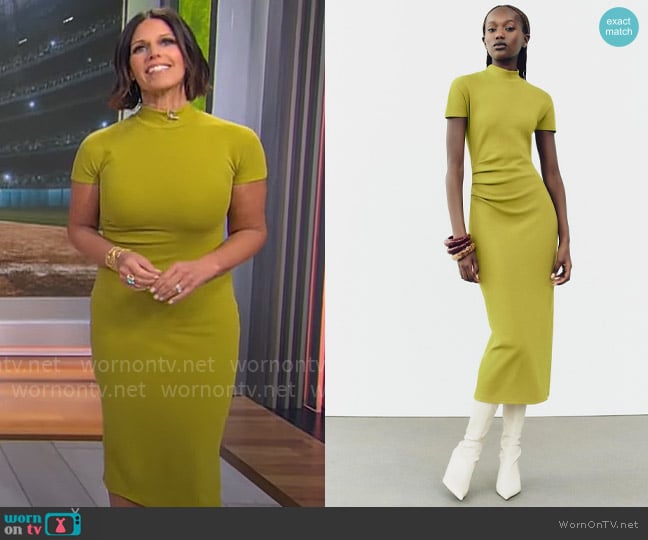 Zara Zara Stretch Knit Midi Dress in Lime Green worn by Dana Jacobson on CBS Mornings