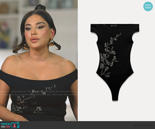 Zara Stretch Knit Sparkly Bodysuit worn by Leva Bonaparte on Southern Charm