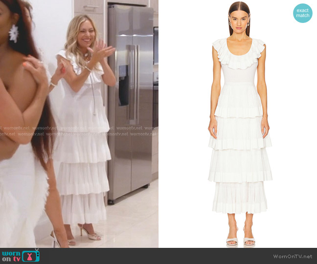 Zimmermann Natura Ruffled Dress in Cream worn by Sutton Stracke on The Real Housewives of Beverly Hills