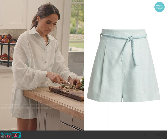 Zimmermann Linen Tie-Waist High-Rise Shorts worn by Meghan Markle on With Love Meghan