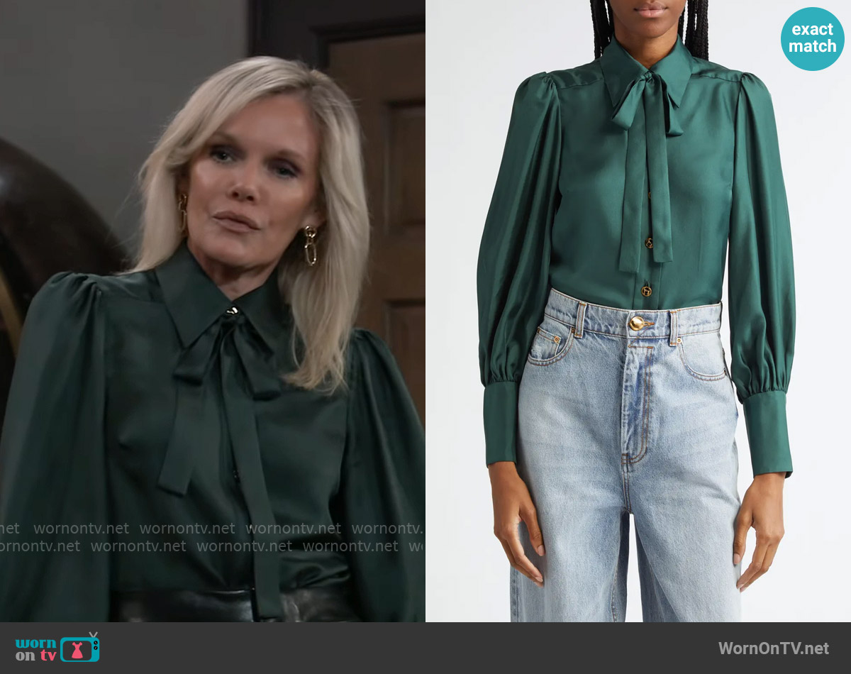 Zimmermann Silk Satin Tie Neck Button-Up Shirt worn by Ava Jerome (Maura West) on General Hospital