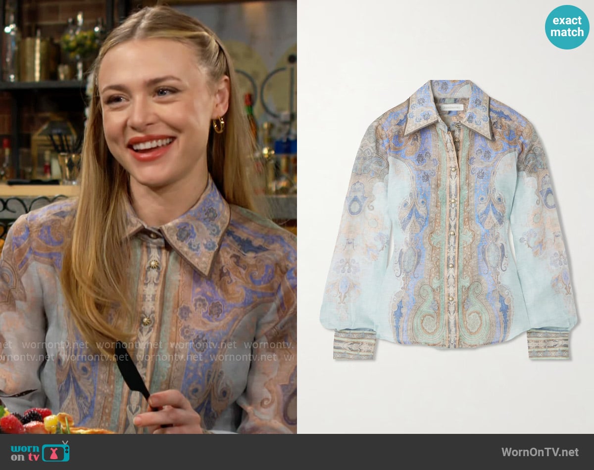 Zimmermann Eden paisley-print linen and silk-blend organza shirt worn by Claire Grace (Hayley Erin) on The Young and the Restless