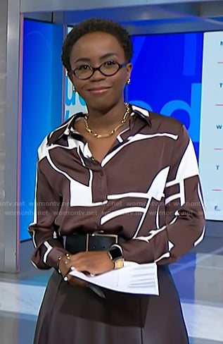 Zinhle Essamuah’s brown geometric print blouse on NBC News Daily