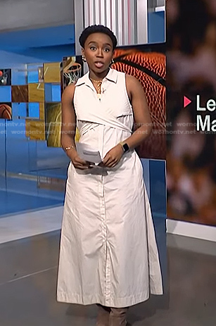 Zihnle’s beige twist front midi dress on NBC News Daily