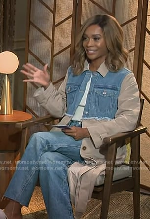 Zuri’s colorblock mixed media coat on Access Hollywood