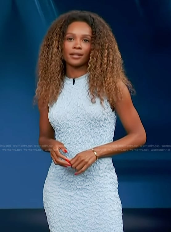 Zuri’s blue textured sleeveless dress on Access Hollywood