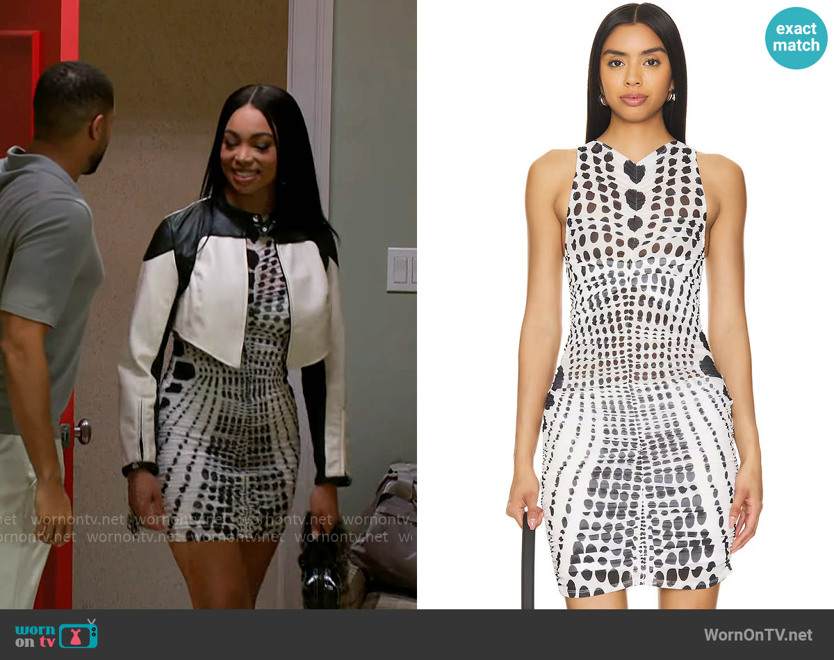 AFRM Helsa Dress in Illusion Dot worn by Chelsea Hamilton (RhonniRose Mantilla) on Beyond the Gates