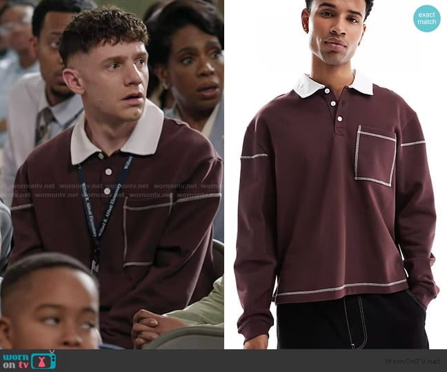 ASOS Boxy Rugby Sweatshirt with contrast seam details worn by Jacob Hill (Chris Perfetti) on Abbott Elementary