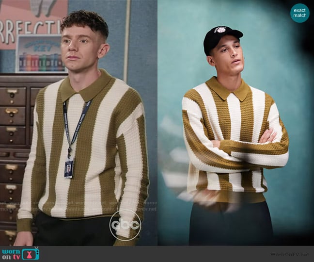 ASOS Boxy fit knit polo sweater in khaki stripe worn by Jacob Hill (Chris Perfetti) on Abbott Elementary
