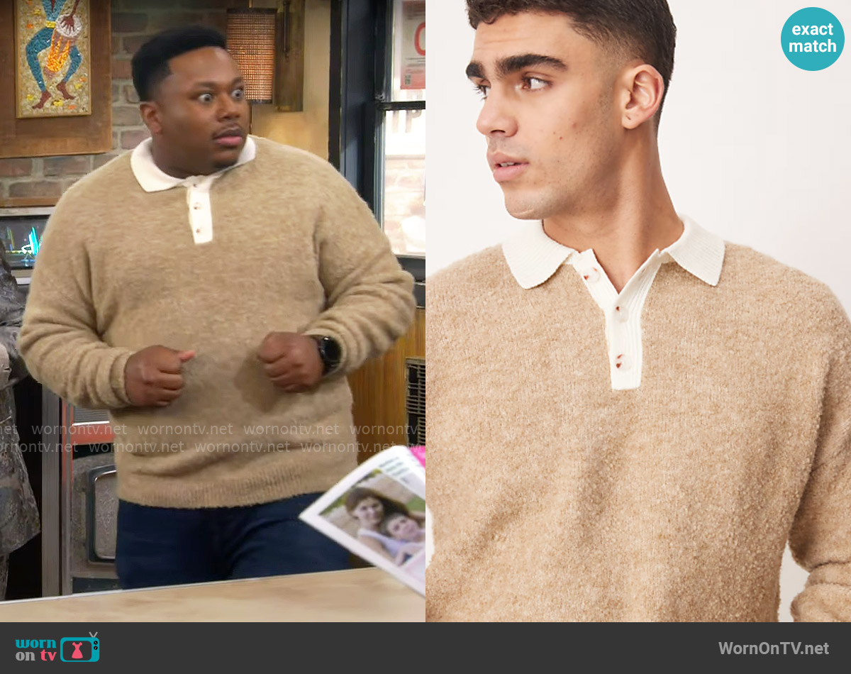 ASOS Design Textured knit relaxed rugby polo sweater in stone brown worn by Marty (Marcel Spears) on The Neighborhood