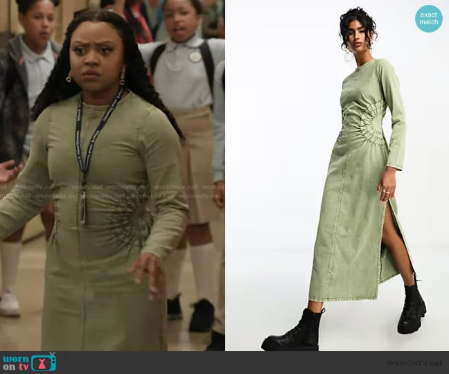ASOS Washed twill midi dress with circle side detail worn by Janine Teagues (Quinta Brunson) on Abbott Elementary