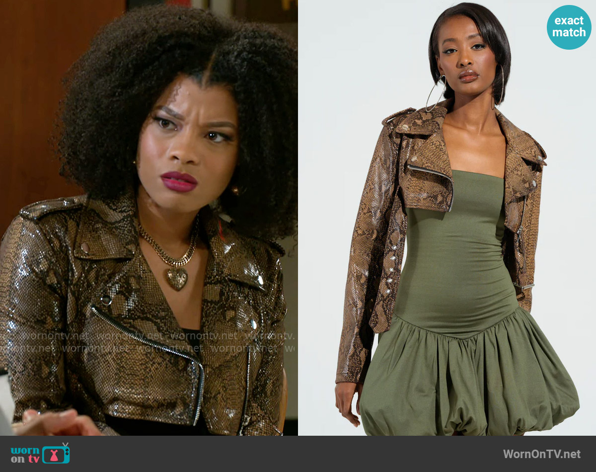 Akira Couture Ultra Crop Moto worn by Eva Thomas (Ambyr Michelle) on Beyond the Gates