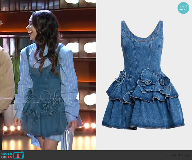 Aknvas Devyn Saxe Tiered Rosette-Detailed Denim Minidress worn by Gabrielle Nevaeh on The Kelly Clarkson Show