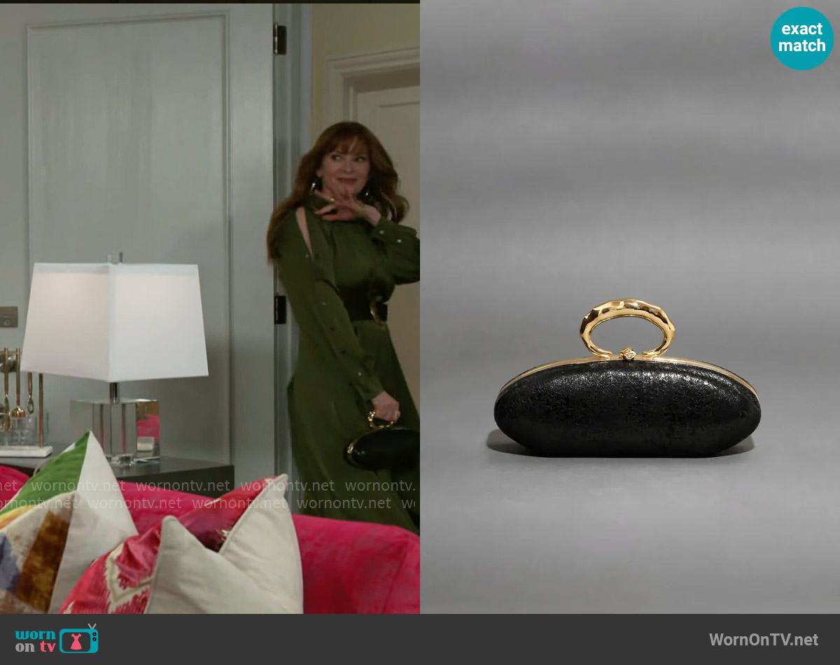 Alexis Bittar Molten Gold Bullet Minaudière worn by Pamela Curtis (Cady McClain) on Beyond the Gates