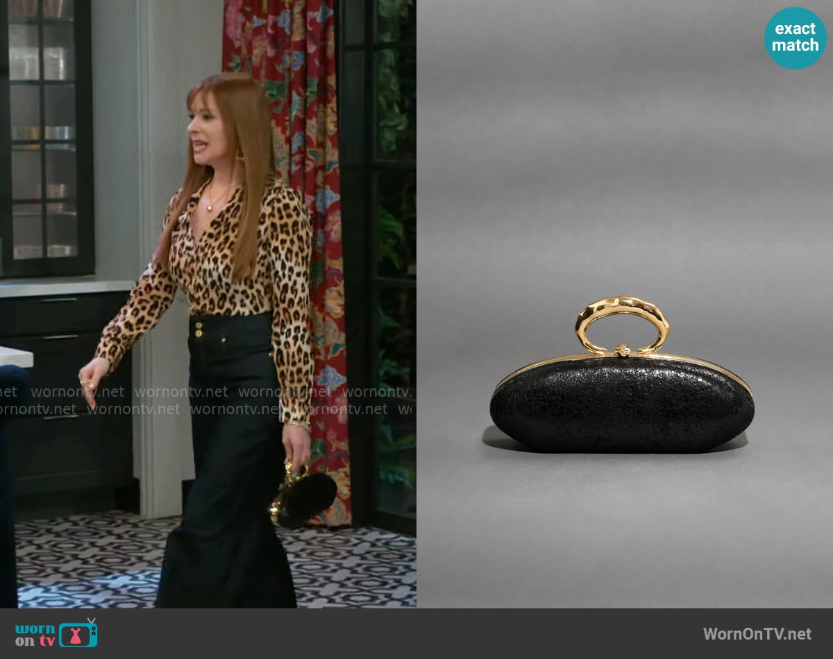 Alexis Bittar Molten Gold Bullet Minaudière worn by Pamela Curtis (Cady McClain) on Beyond the Gates