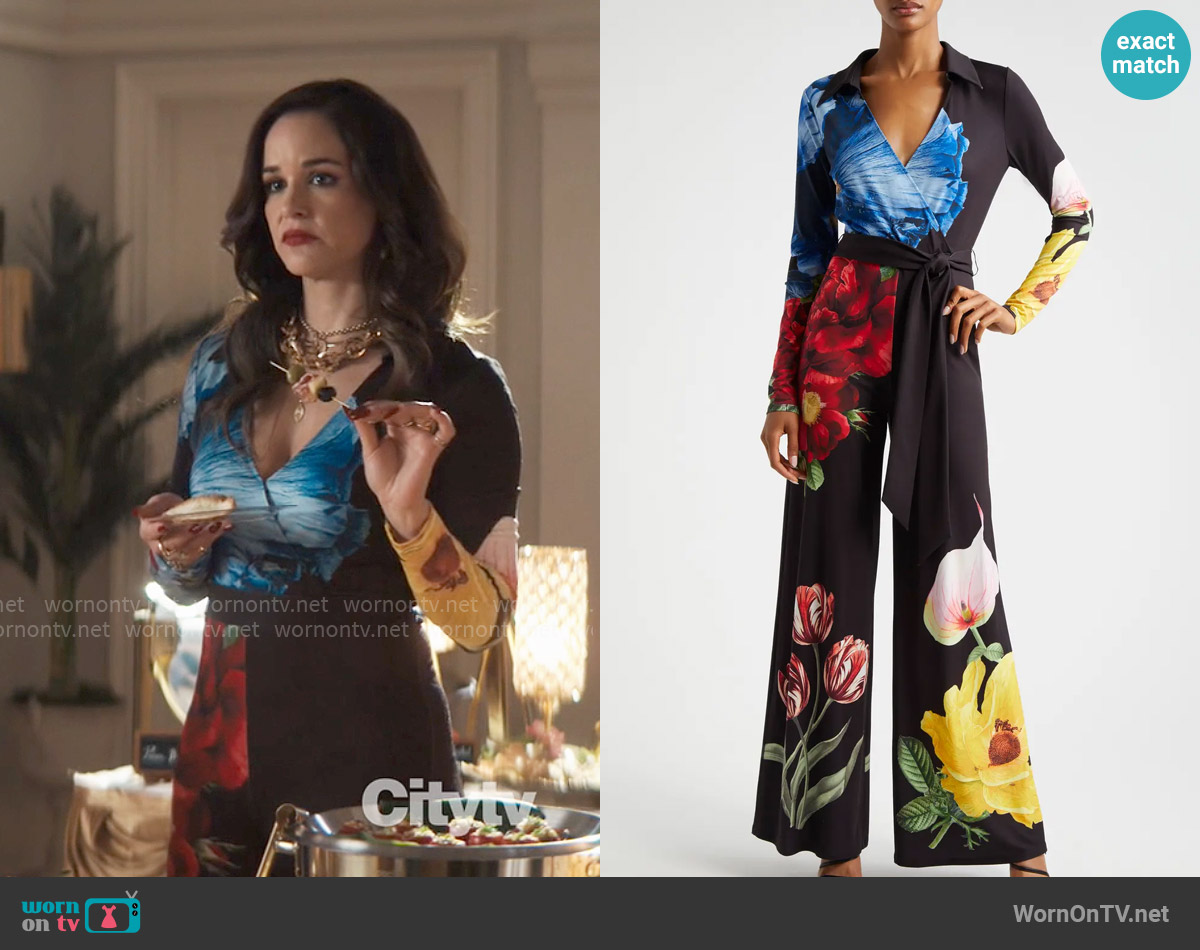 Alice + Olivia Melina Faux Wrap Wide Leg Jumpsuit in Le Parisien Black worn by Birdie (Melissa Fumero) on Grosse Pointe Garden Society