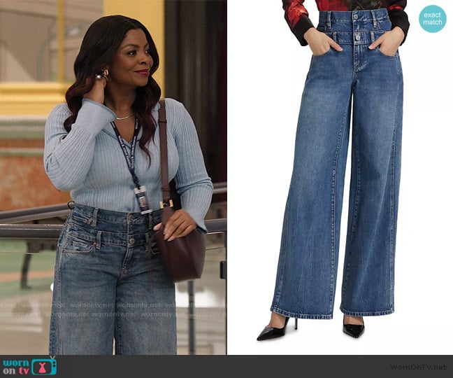 Alice and Olivia Double Waistband Jeans in Brooklyn Blue worn by Ava Coleman (Janelle James) on Abbott Elementary