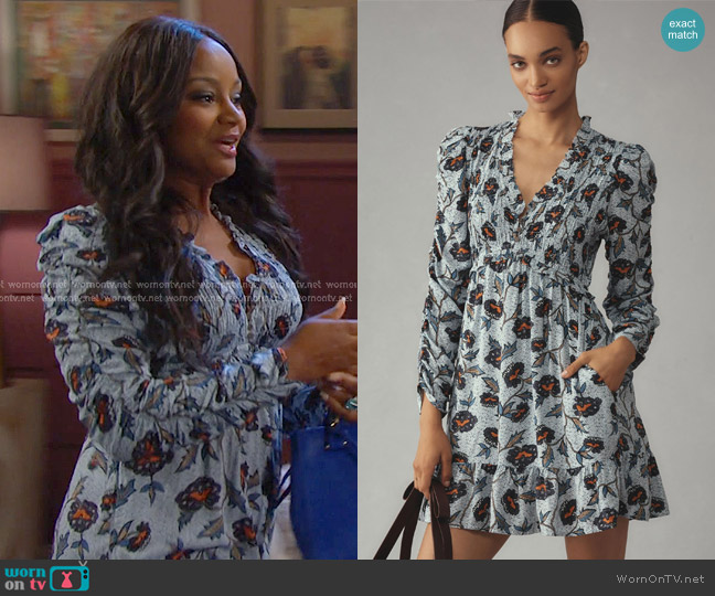 Anthropologie Long-Sleeve V-Neck Ruffle Mini Dress in Neutral Pattern worn by Chanel Dupree (Raven Bowens) on Days of our Lives